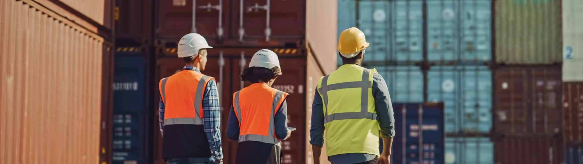 Two men & one woman in hard hats/safety vests walk away through a container terminal, with tall stacks of red/blue shipping containers behind.
