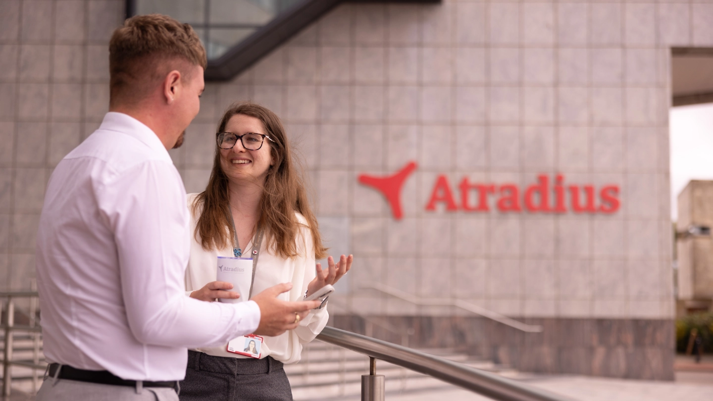 People talking in front of Atradius Cardiff office People talking in front of Atradius Cardiff office